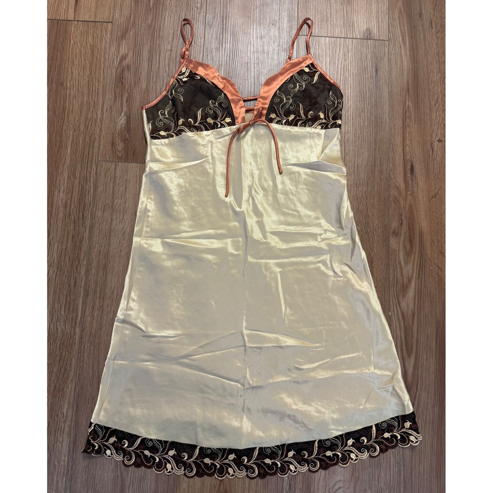 Vintage Rosshi Y2K Gold Satin Chemise Nightgown Slip Lace Trim Embroidered L